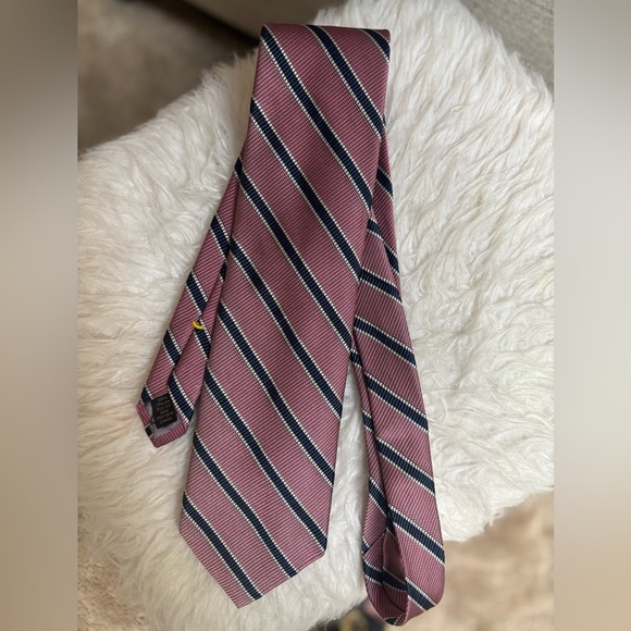 DIOR SIGNATURE NAVY & PINK STRIPED CLASSIC LUXURY 100% ITALIAN SILK TIE - Picture 5 of 6